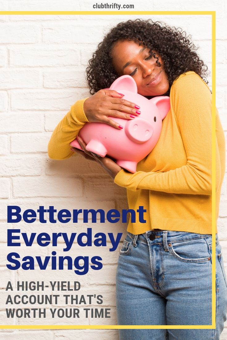 Betterment Everyday Savings Review Pin - picture of woman hugging piggy bank