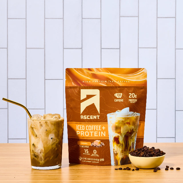 Caramel iced coffee plus protein powder in a fifteen serving size bag sitting next to a glass of iced coffee and coffee beans