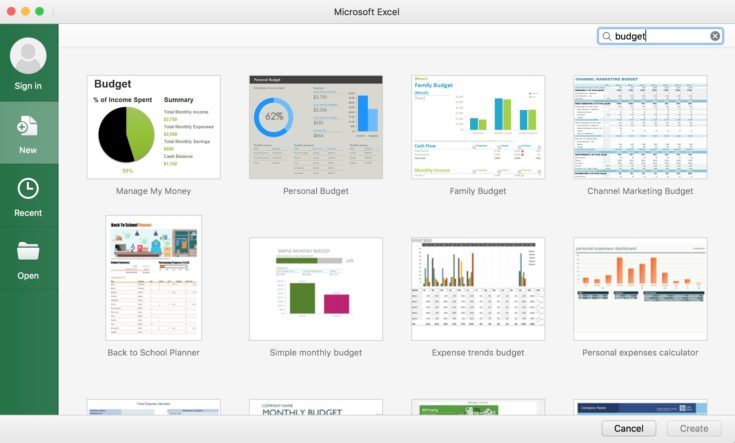 Image of available Microsoft Excel budget templates