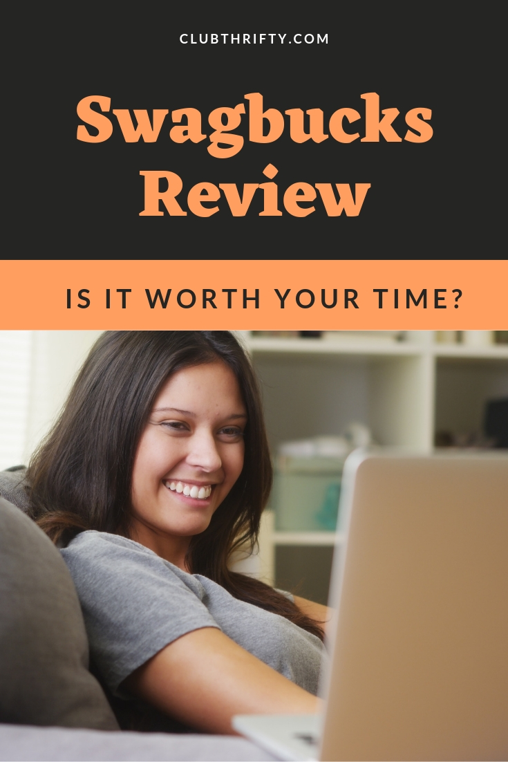 Swagbucks Review - pin with woman smiling at her laptop