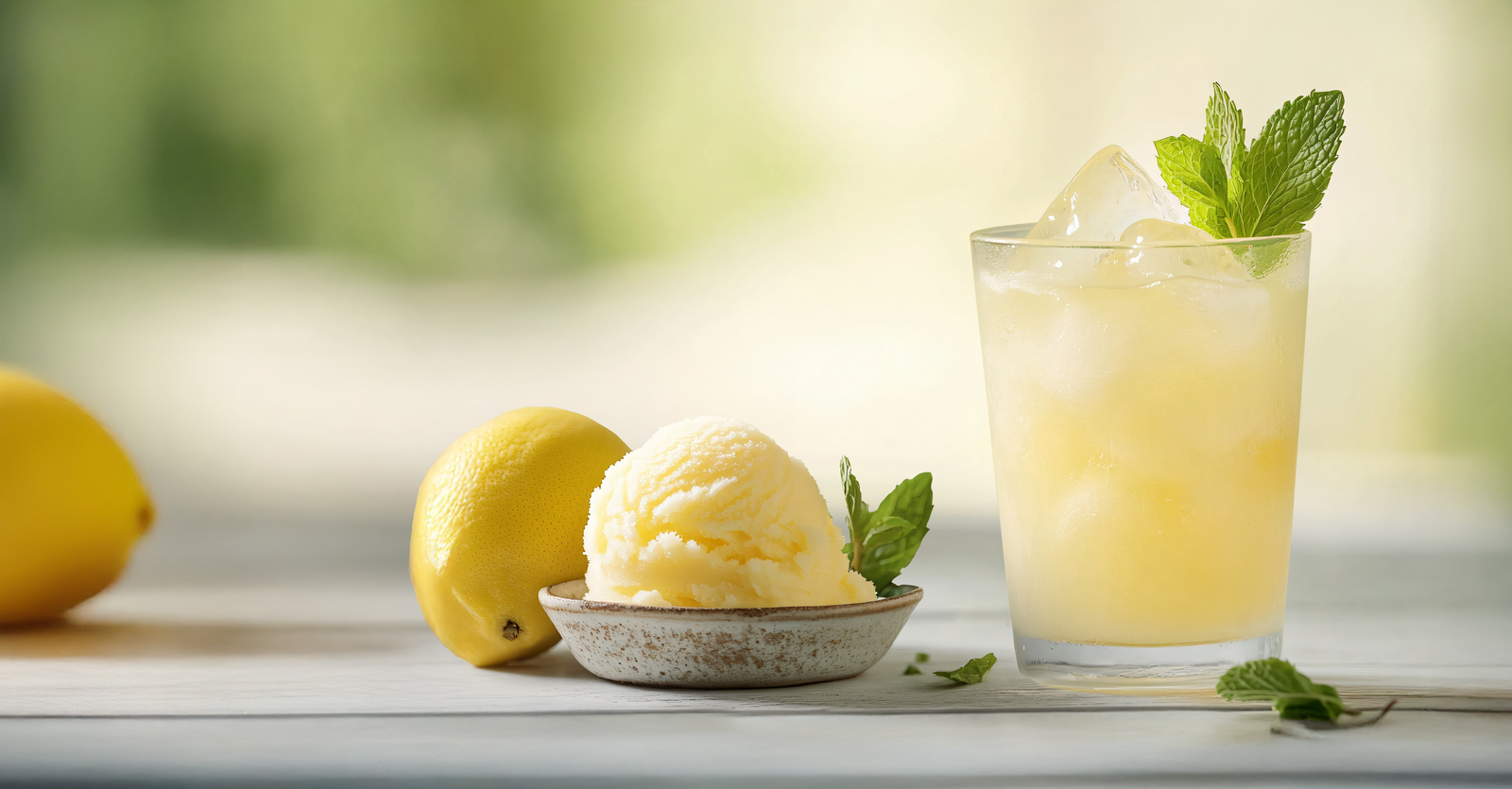 Lemonade in a glass with a scoop of sorbet and lemons