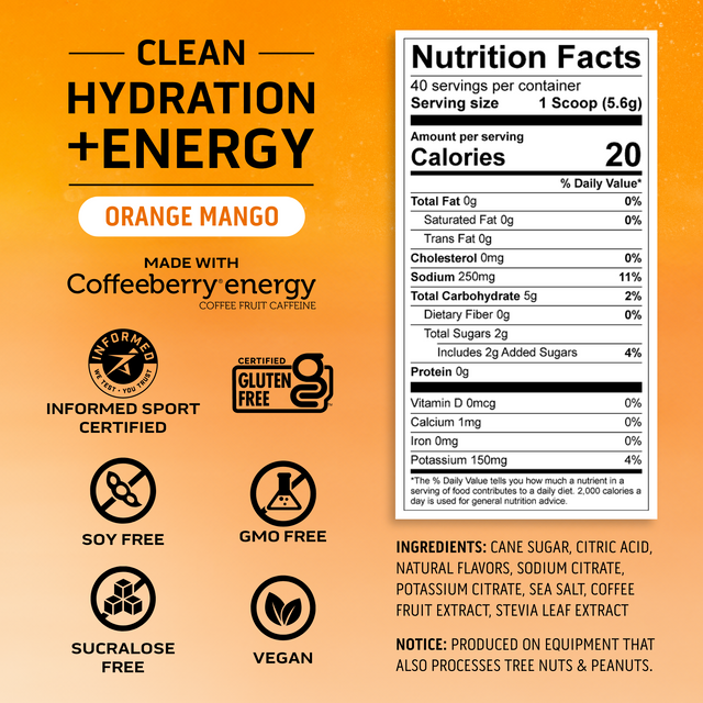 nutrition facts label for clean hydration and energy orange mango flavor