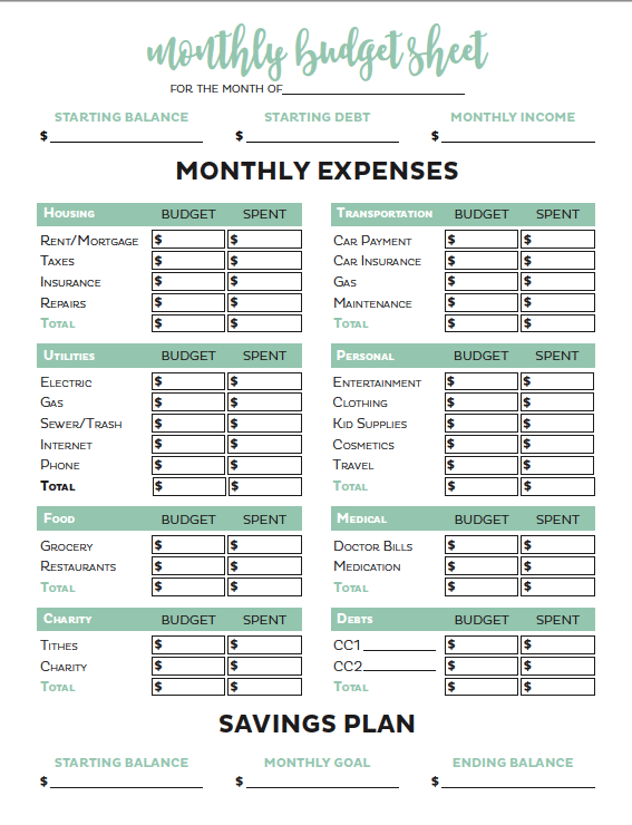 Screenshot of Printable Crush Budget Template