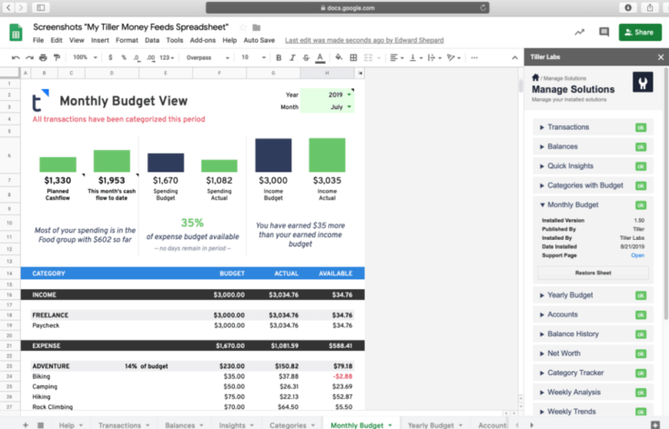 Screenshot of Tiller Money Spreadsheet